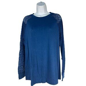 KLWCJFFF Womens Blue Lace Sleeve Knit Top M Lightweight Loose Fit Casual Crewnec